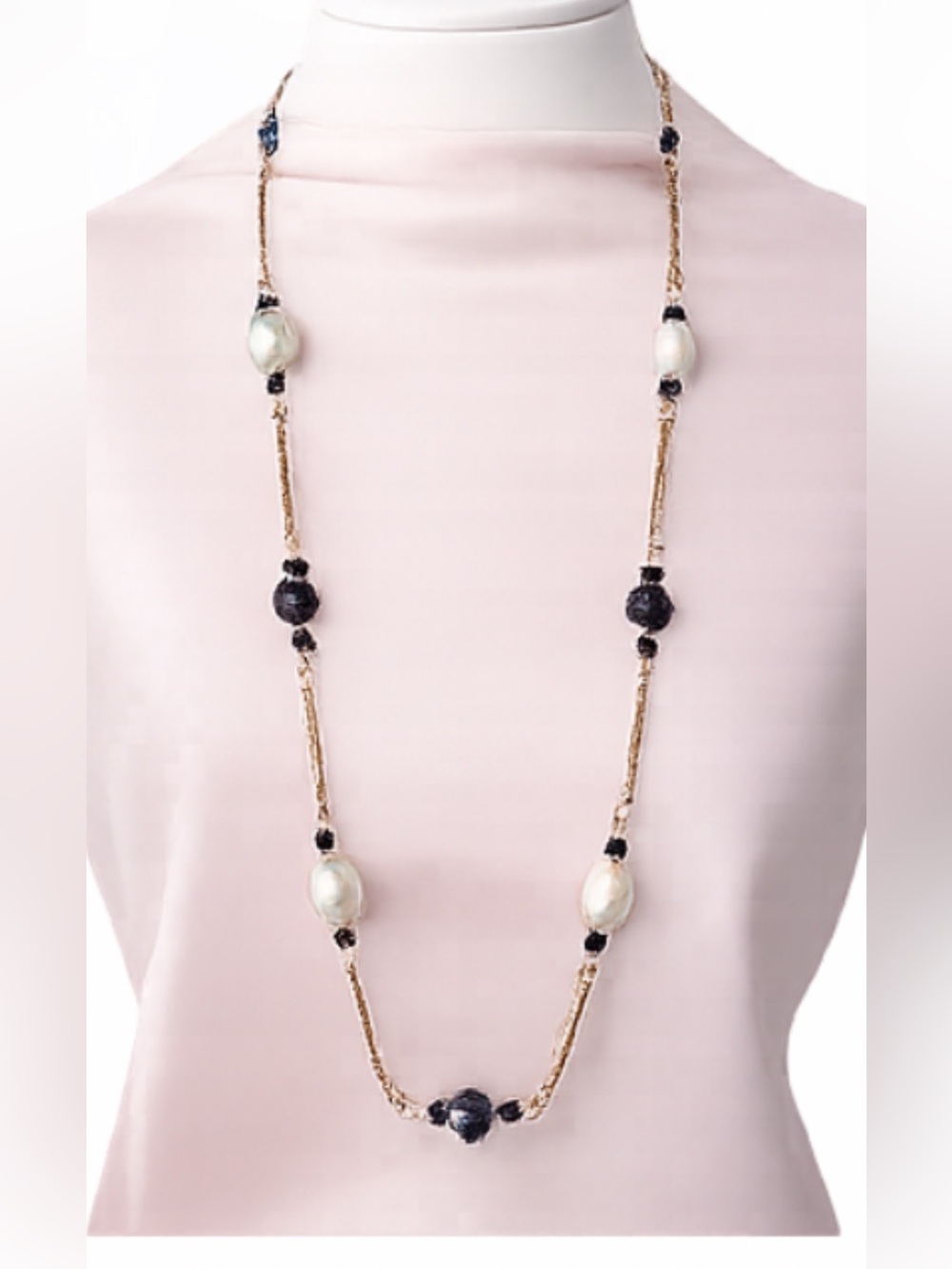 Long Pearl and Gold-Accent Necklace with Black Beads